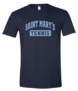 Navy t-shirt with light blue Saint Mary's Tennis across the chest.