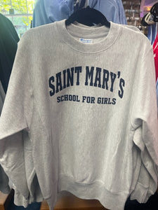 Crew neck sweatshirt in light grey with navy Saint Mary's School For Girls across chest. 